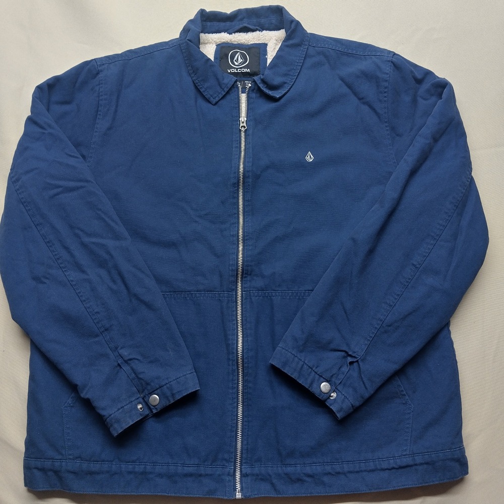 Volcom Mens XL Sherpa Lined Canvas Jacket Navy Blue Full Zip Workwear A1602003